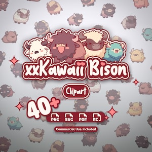 May include: A digital graphic featuring four cartoon bison in white, brown, tan, and teal colors. The text reads xxKawaii Bison, Clipart, 40+, PNG, SVG, PDF, AI, and Commercial Use Included. The background is filled with a repeating pattern of small bison.