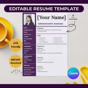May include: Editable resume template with the text "EDITABLE RESUME TEMPLATE" at the top. The resume is for an Administrative Assistant and includes sections for skills, experience, and qualifications. The design is ATS friendly and instantly downloadable.