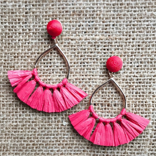 Red Raffia Tassel round earrings, Thread Ball Metal Hoop Raffia Fan Tassel Earrings