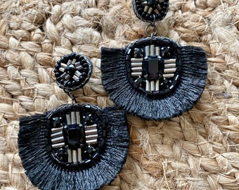Tassel Black Earrings-Statement Earrings-Black tassel earrings