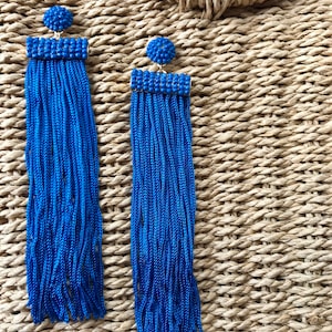 Waterfall Blue Tassel Earrings, Long Beaded Blue Silk Tassel Esrrings,Statement Blue Earrings