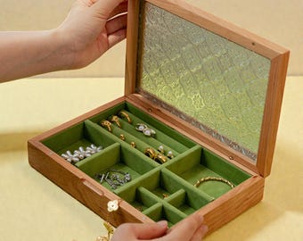 Engravable Wooden Jewelry Box with Vintage Glass Lid, Brass Accents Ring Organizer, Bridesmaid Keepsake Gift, Valentine’s Day Gift for Her