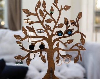 Wooden Tree Jewelry Stand – Vintage Earring Holder & Necklace Display | Rustic Jewelry Organizer for Rings, Bracelets , Accessories