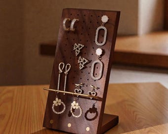 Solid Walnut Wood Earring Stand with Brass Studs | Gold Jewelry Display Organizer | Gift for Her, Wife, Daughter, Home Decor