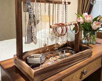 Wooden Jewelry Organizer Stand for Necklaces, Bracelets & Watches | Rustic Jewelry Display Holder | Gift for Her | Bedroom Decor