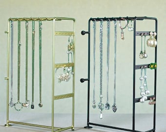 Metal Jewelry Stand Organizer – Gold & Black Hanging Necklace Holder with Earring Display | Tabletop Jewelry Rack for Vanity and Boutique