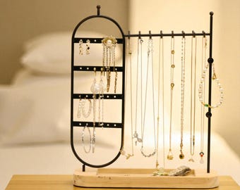 Black and gold Jewelry Stand Organizer with Wooden Base – Necklace Holder, Earring & Bracelet Display Rack, Metal Jewelry Storage