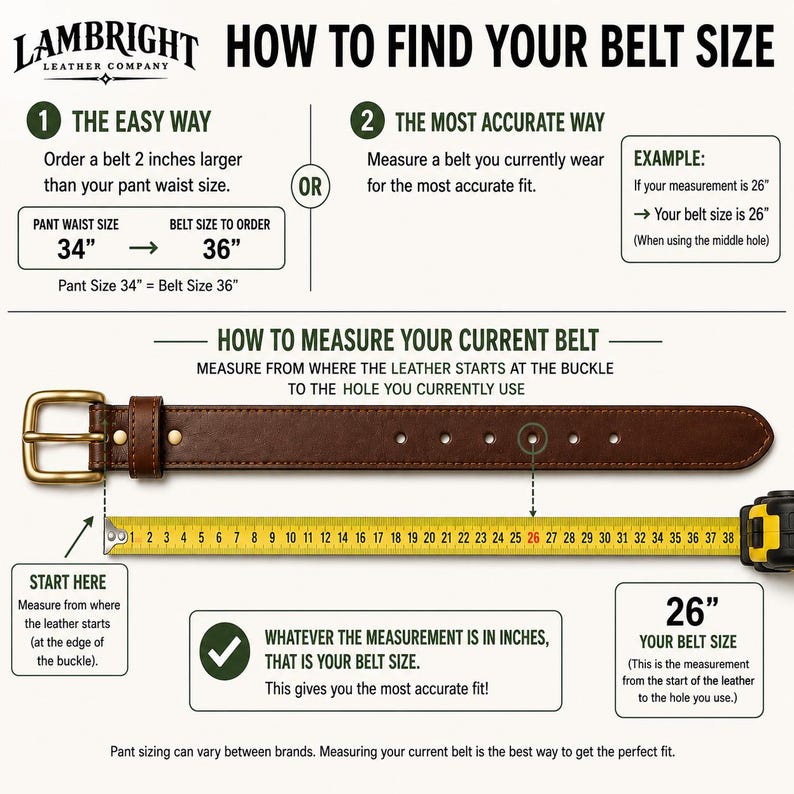 May include: An instructional graphic titled HOW TO FIND YOUR BELT SIZE by Lambright Leather Company. It features a brown leather belt with a brass buckle aligned with a yellow measuring tape, demonstrating how to measure from the buckle to the hole.