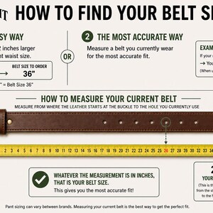 May include: An instructional graphic titled HOW TO FIND YOUR BELT SIZE by Lambright Leather Company. It shows a brown leather belt with a brass buckle aligned with a yellow measuring tape in inches, demonstrating how to measure for the correct size.