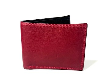 Personalized Red Leather Bifold Wallet, Amish Handcrafted in USA, Gift For Dad