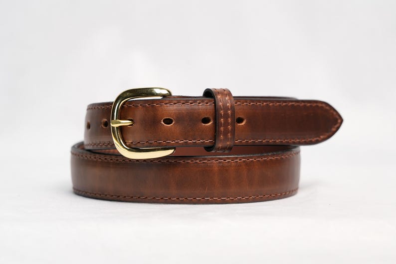 Brown 1.25-inch raised center leather belt with gold solid brass buckle