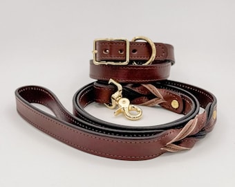 Custom Brown Leather Dog Leash & Collar Set – Personalized with Custom Engraving
