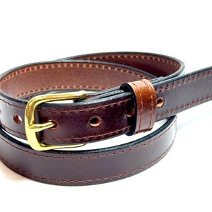 May include: A dark brown leather belt featuring a smooth finish, tonal stitching along the edges, and a polished gold-tone metal buckle. The belt is coiled, showing a single leather keeper loop and multiple circular adjustment holes.