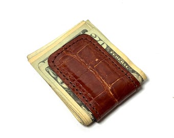 Cognac Gator Cash Clip Wallet, Amish Made Alligator Money Clip, Business Card Holder