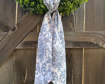 Blue Toile Wreath Sash | French Country Door Decor | Blue and White Damask Style Bow | Front Door Wreath Accessory