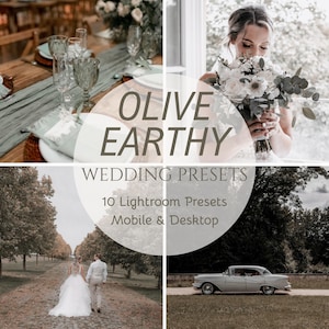 May include: An image with the text "OLIVE EARTHY WEDDING PRESETS" and "10 Lightroom Presets Mobile & Desktop". The image shows a bride holding a bouquet, a wedding table setting, and a vintage car.