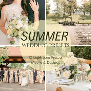Puede incluir: Un collage de imágenes con temática de boda. La imagen central presenta el texto "SUMMER WEDDING PRESETS" y "10 Lightroom Presets Mobile & Desktop." Otras imágenes muestran una novia, una fiesta de bodas y una mesa.