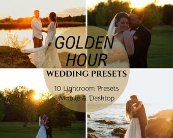 Presets do Lightroom para casamento na Hora Dourada, pôr do sol quente, edições românticas (para dispositivos móveis e computadores)