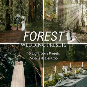Puede incluir: Una imagen compuesta que presenta escenas de una boda en el bosque. Se muestra el texto "FOREST WEDDING PRESETS", junto con "10 Lightroom Presets Mobile & Desktop". La imagen incluye un vestido de novia, una mesa decorada y parejas en el bosque.