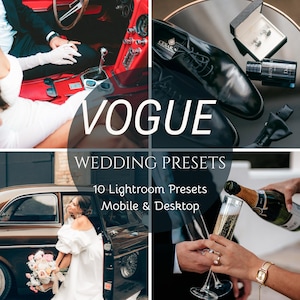 May include: A wedding-themed collage featuring a red vintage car interior, black dress shoes, a bride with a bouquet, and champagne being poured. Text overlay: "VOGUE" and "WEDDING PRESETS".