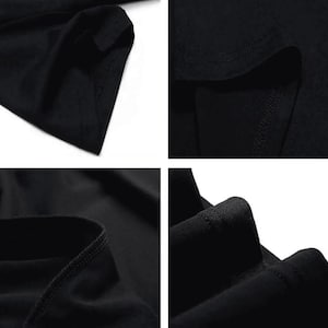 May include: Close-up shots of a black garment, showcasing the fabric's texture and stitching details. The images highlight the seams and folds, emphasizing the garment's construction and design. The fabric appears to be a soft, opaque material.