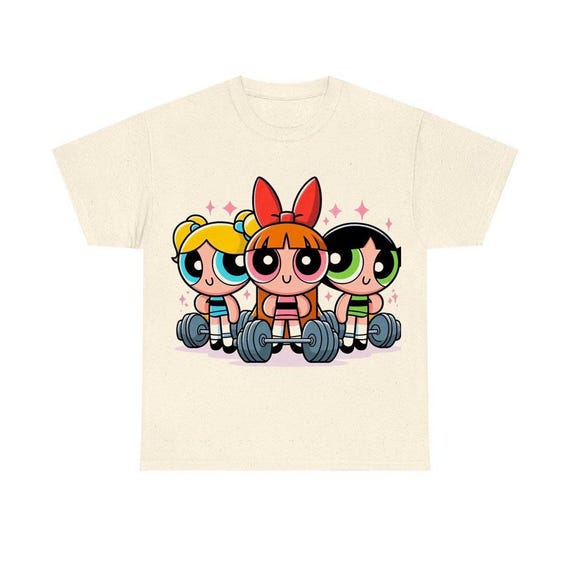 Powerpuff Girls Gym T-Shirt – Cute Strong Girl Workout Tee, Kawaii Y2K Fitness Top, Weightlifting Cartoon Graphic Tee, Best Friend Gym Gift