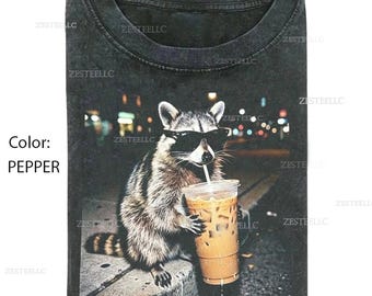 Funny Raccoon Drinking Iced Coffee Shirt, Animal Meme Graphic Tee, Gift for Men, Women