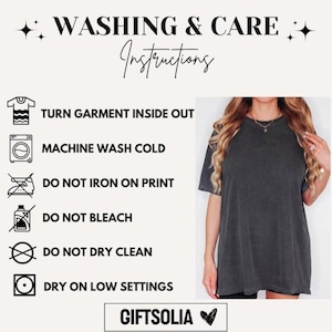 May include: A dark gray t-shirt with washing instructions. The text reads: Turn garment inside out, machine wash cold, do not iron on print, do not bleach, do not dry clean, dry on low settings. The brand name is Giftsolia.