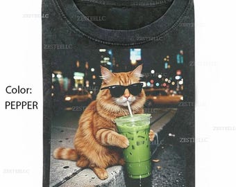Funny Cat Drinking Matcha Shirt, Cool Sunglasses Cat Tee, Aesthetic Streetwear Graphic T-Shirt, Gift for Cat Lovers