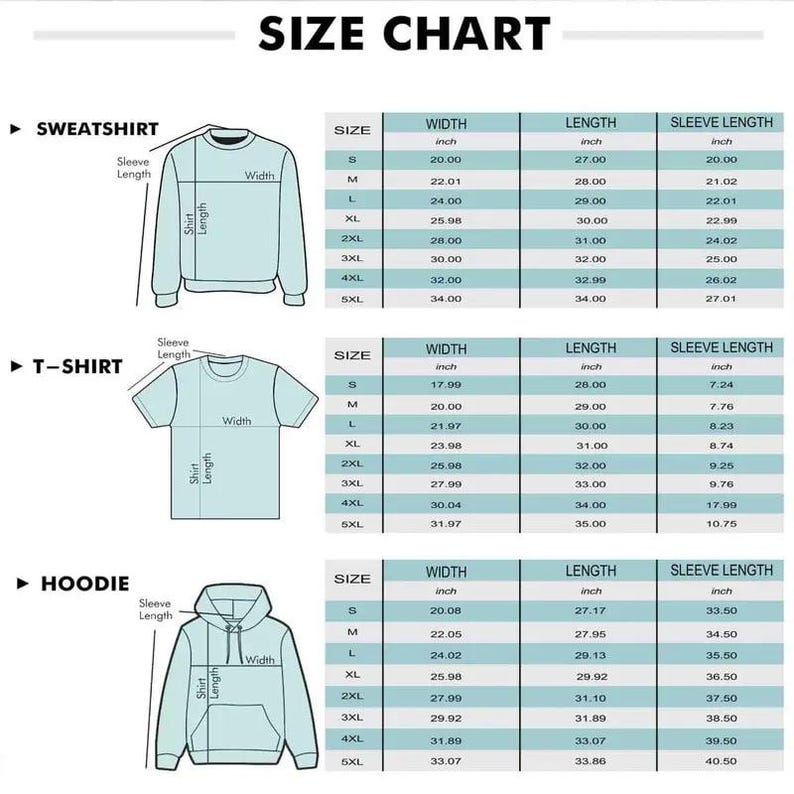 May include: Size chart for sweatshirts, t-shirts, and hoodies. Includes measurements in inches for width, length, and sleeve length for sizes S through 5XL. Diagrams show where to measure each garment.