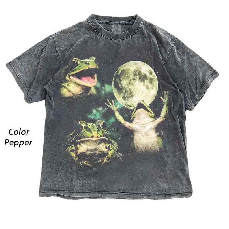 May include: A pepper-colored short-sleeve t-shirt featuring a graphic print of two green frogs and a large full moon against a dark, starry background. The shirt has a crew neckline and a washed, vintage-style appearance with the text Color Pepper.