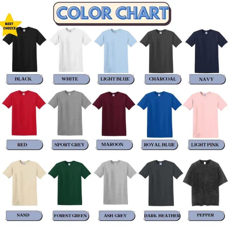 May include: A color chart displaying various t-shirt colors, including black, white, light blue, charcoal, navy, red, sport grey, maroon, royal blue, light pink, sand, forest green, ash grey, dark heather, and pepper. The text "COLOR CHART" is at the top.