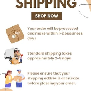 May include: An informational graphic with the word "SHIPPING" in large brown letters. Below, it says "SHOP NOW". The graphic includes text about order processing and shipping times, along with illustrations of a package, a delivery truck, and people.