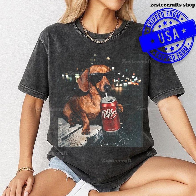 May include: Dark gray t-shirt featuring a brown dachshund wearing sunglasses and drinking from a Dr. Pepper can. The dog is sitting on a stone surface with a blurred city background. The shirt has the text "ZesteeCrafts Shop" and a "SHIPPED FROM USA" stamp.