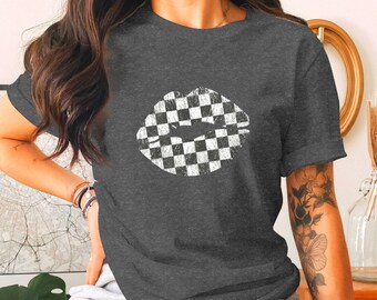 Checkered Lips T-Shirt | Grunge Kiss Graphic Tee | Edgy Black & White Distressed Top