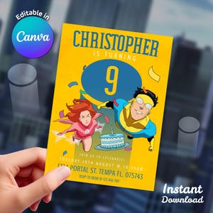 May include: Yellow birthday invitation featuring the text "CHRISTOPHER IS TURNING 9". The invitation includes cartoon illustrations of superheroes, a cake, and event details. The invitation is labeled "Editable in Canva" and "Instant Download".