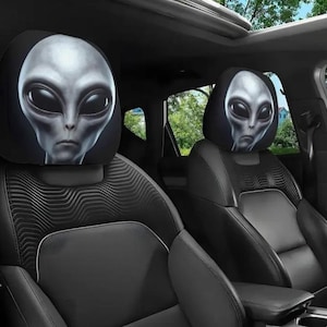 2pc Car Headrest Cover Set - Grey Alien Area 51 Themed Universal Vehicle Accessories