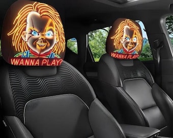 2pc Car Headrest Cover Set - Chucky - Child's Play Themed Universal Vehicle Accessories - Movie Serial Killer - Halloween Wanna Play ?