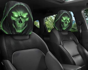2pc Car Headrest Cover Set - Green Skull Themed Universal Vehicle Accessories - Horror Halloween Novelty Head Rest Covers
