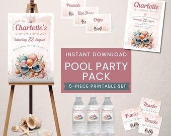Complete Party Printable Bundle for a Girls Pool Party (5 editable Templates Instant Download)
