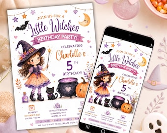 Little Witches Girl Birthday Party Invitation - Editable Template for Print & Digital (Instant Download)