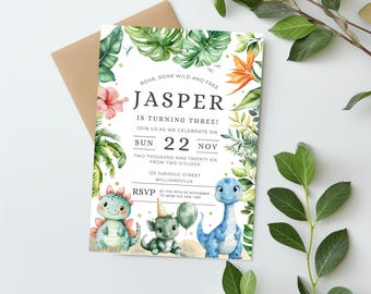Dinosaur 3rd Birthday Invitation, Editable Party Invite (Digital Download)