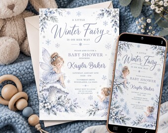 Winter Fairy Baby Shower Invitation Template - Editable for Print & Digital (Instant Download)