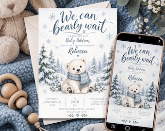 Winter Baby Shower Invitation Template 'We Can Bearly Wait' - Editable for Print & Digital (Instant Download)