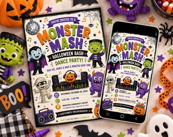 Monster Mash Halloween Bash Dance Party Invitation - Editable Template for Print & Digital (Instant Download)