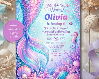 Mermaid Birthday Party Invitation Digital & Editable (Instant Download)