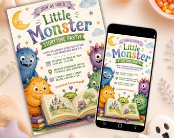 Little Monsters Story Time Halloween Party Invitation - Editable Template for Print & Digital (Instant Download)