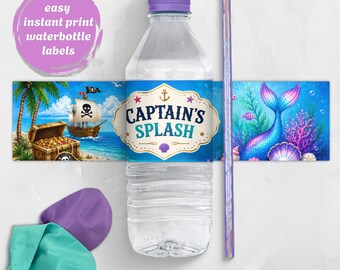 Pirate & Mermaid Double Party Printable Water Bottle Labels (Instant Download)