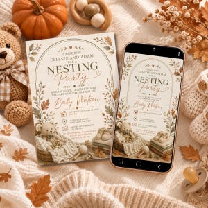 Peut inclure: Une invitation imprimée et un smartphone affichant une version numérique de la même invitation pour une fête prénatale Nesting Party pour Baby Watson. Le design présente un cadre en arche, des feuilles d'automne et un ours en peluche.