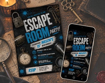 Escape Room Birthday Party Invitation - Editable Blue Template for Print & Digital (Instant Download)